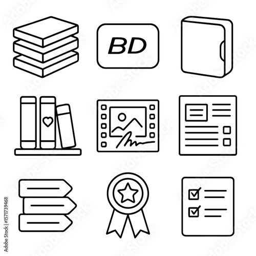 Film Fan Icons. Outline style icons of Film Fan Collection: DVD stack, Blu-ray icon, collector case, favorite title shelf,