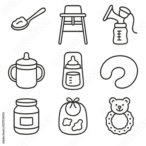 Feeding Time Icons. Outline style icons of Feeding Time Silhouette: spoon with puree, feeding chair, breast pump, baby cup with