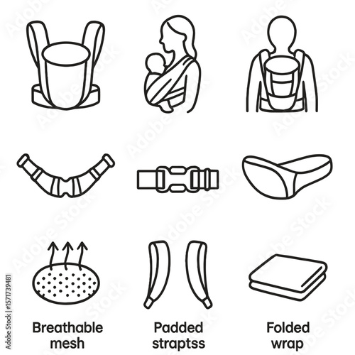 Babywearing Icons. Outline style icons of Babywearing Silhouette: baby carrier front-facing, wrap sling, back baby carrier,