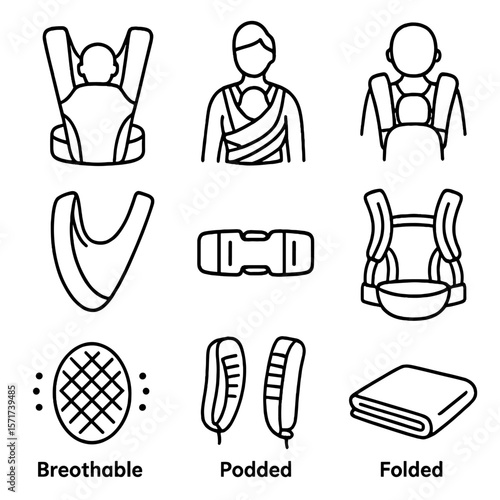 Babywearing Icons. Outline style icons of Babywearing Silhouette: baby carrier front-facing, wrap sling, back baby carrier,
