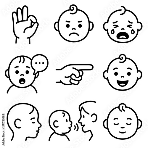 Infant Communication Icons. Outline style icons of Infant Communication Silhouette: baby sign language hand, facial expression