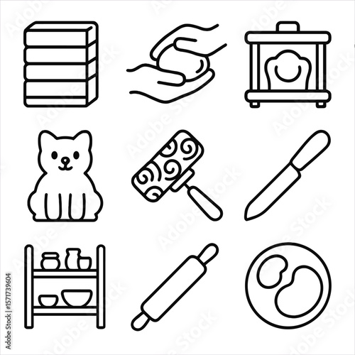 Clay Modeling Icons. Outline style icons of Clay Modeling: polymer clay pack, shaping hands, mold press, clay animal, texture