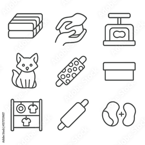Clay Modeling Icons. Outline style icons of Clay Modeling: polymer clay pack, shaping hands, mold press, clay animal, texture