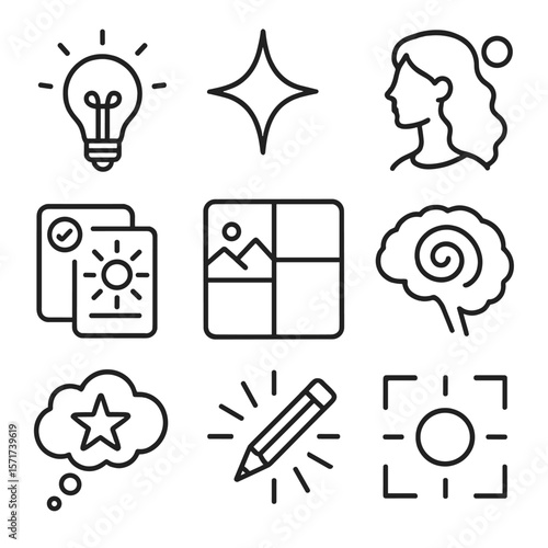 Artistic Inspiration Icons. Outline style icons of Artistic Inspiration: idea lightbulb, spark icon, artist muse, mood board,