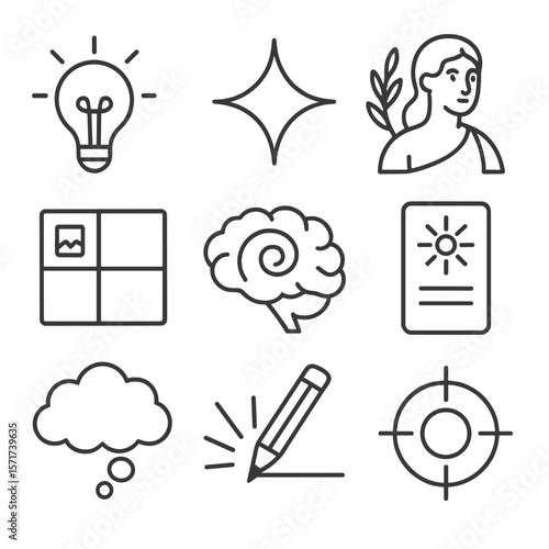 Artistic Inspiration Icons. Outline style icons of Artistic Inspiration: idea lightbulb, spark icon, artist muse, mood board,
