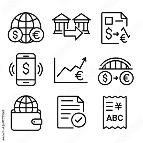 Cross-Border Payment Icons. Outline style icons of Cross-Border Payment: globe with currency, bank-to-bank arrow, international