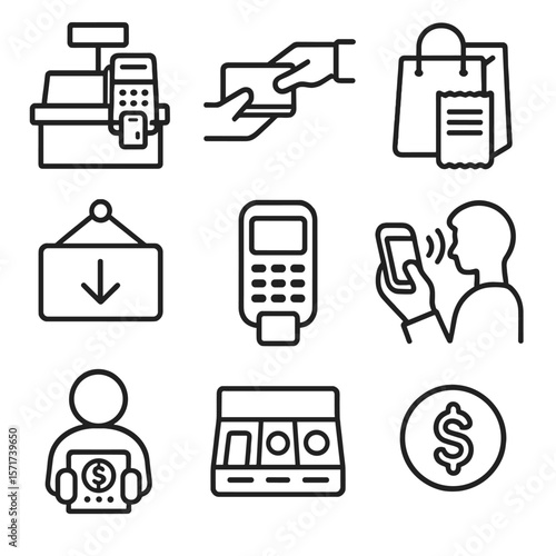 In-store Payment Icons. Outline style icons of In-store Payments: counter with card reader, cashier handoff, bag and receipt, pay