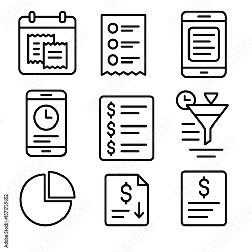 Payment History Icons. Outline style icons of Payment History: calendar with receipts, transaction log, digital ledger, past