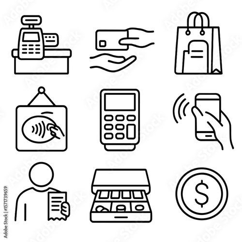 In-store Payment Icons. Outline style icons of In-store Payments: counter with card reader, cashier handoff, bag and receipt, pay