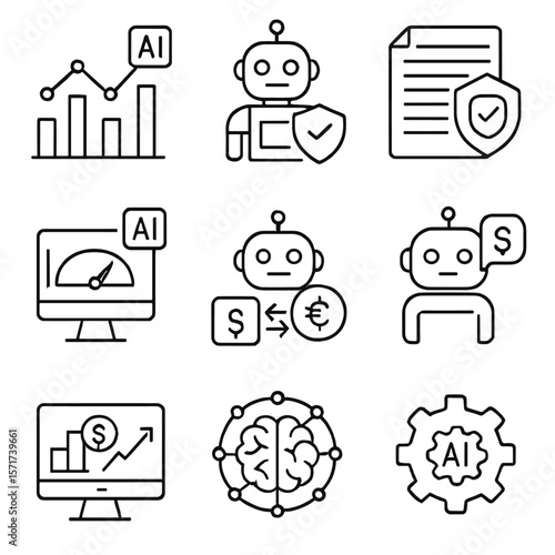 AI Finance Icons. Outline style icons of AI in Finance: algorithmic trading chart, robo-advisor, fraud detection AI, AI credit