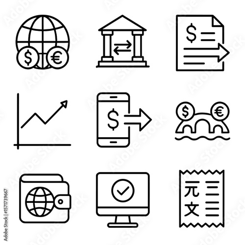 Cross-Border Payment Icons. Outline style icons of Cross-Border Payment: globe with currency, bank-to-bank arrow, international