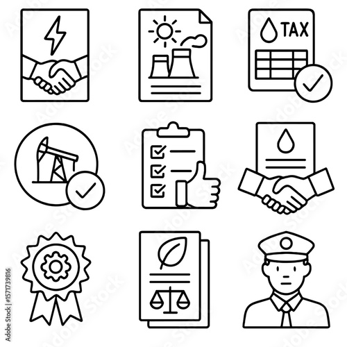 Energy Policy Icons. Outline style icons of Energy Policy and Regulation: contract icon, policy document, oil tax form, regulatory