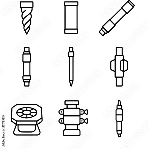 Drilling Tools Icons. Outline style icons of Drilling Tools: drill bit, casing pipe, mud motor, drill collar, core sampler,