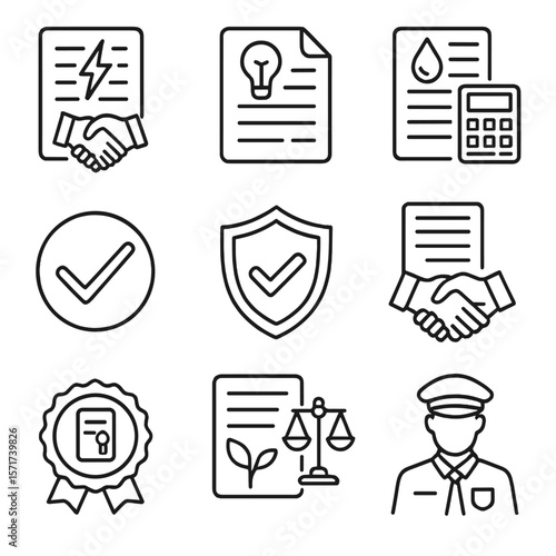 Energy Policy Icons. Outline style icons of Energy Policy and Regulation: contract icon, policy document, oil tax form, regulatory