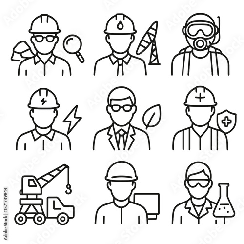 Oil & Gas Job Icons. Outline style icons of Job Roles in Oil and Gas: geologist icon, petroleum engineer, offshore diver, rig