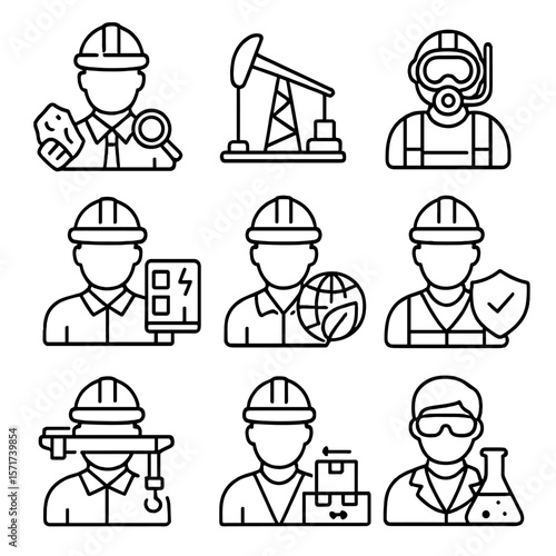 Oil & Gas Job Icons. Outline style icons of Job Roles in Oil and Gas: geologist icon, petroleum engineer, offshore diver, rig
