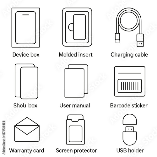Electronic Packaging Icons. Outline style icons of Electronic Goods Packaging: device box, molded insert tray, charging cable wrap