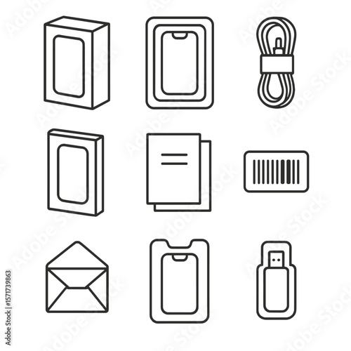 Electronic Packaging Icons. Outline style icons of Electronic Goods Packaging: device box, molded insert tray, charging cable wrap