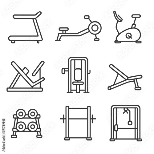 Gym Equipment Icons. Outline style icons of Gym Equipment: treadmill icon, rowing machine, exercise bike, leg press, chest machine