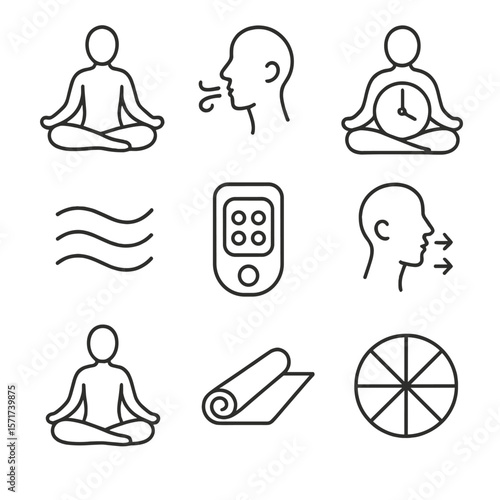 Yoga and Breathing Icons. Outline style icons of Yoga and Breathing: lotus pose, deep breath icon, meditation clock, pranayama