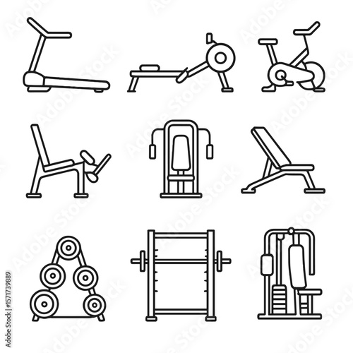 Gym Equipment Icons. Outline style icons of Gym Equipment: treadmill icon, rowing machine, exercise bike, leg press, chest machine