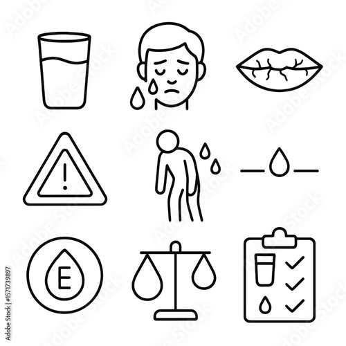 Hydration vs. Dehydration Icons. Outline style icons of Hydration vs Dehydration: glass of water icon, sweating icon, dry lips