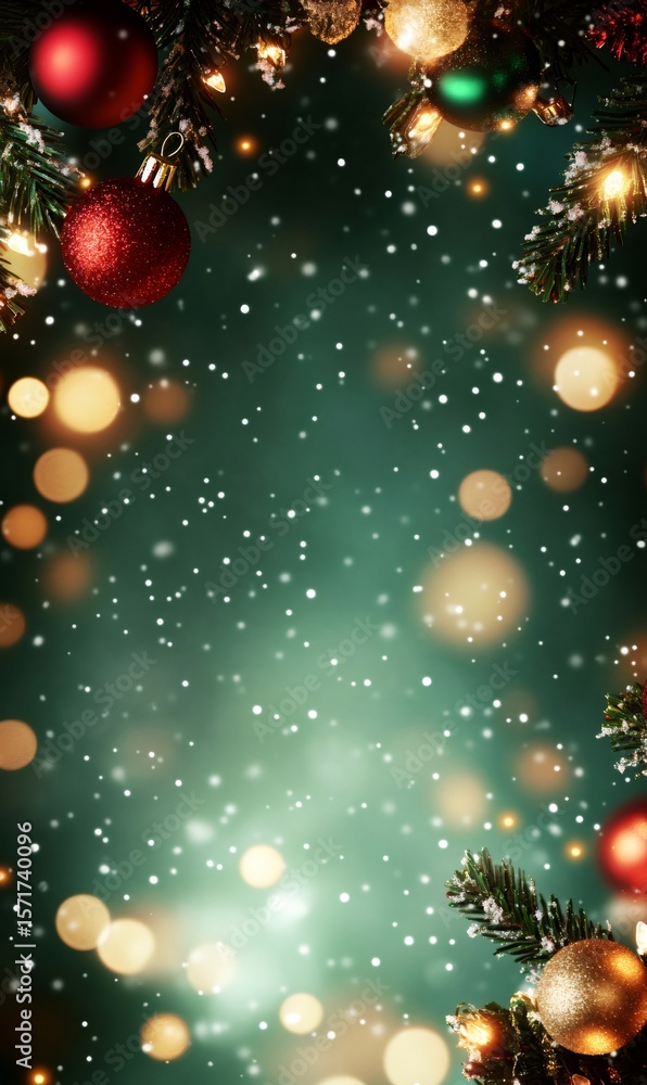 Christmas ornaments hanging on snowy pine branches create a festive frame against a teal background with falling snow and bokeh lights, perfect for holiday greetings Christmas ornaments hanging on snowy pine branches create a festive frame against a teal background with falling snow and bokeh lights, perfect for holiday greetings
