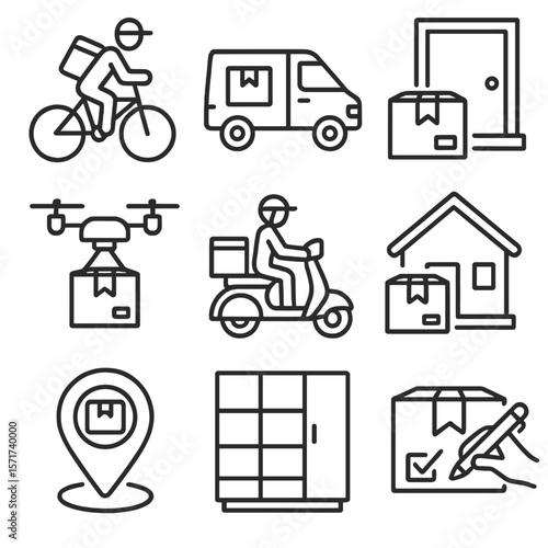 Last Mile Delivery Icons. Outline style icons of Last Mile Delivery: courier on bike, small van with box, doorstep delivery,
