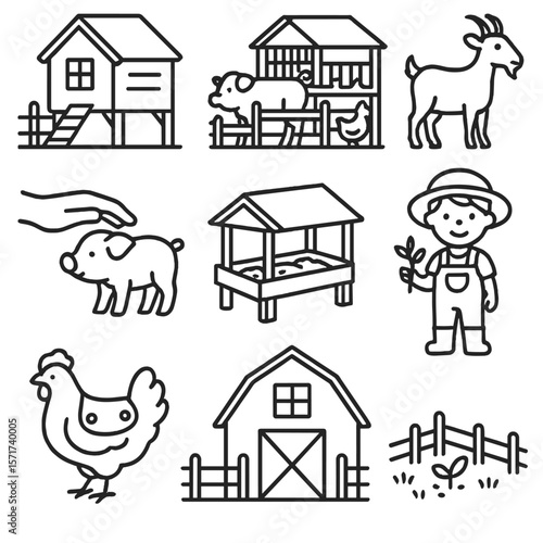 Hobby Farming Icons. Outline style icons of Hobby Farming: small coop, raised animal pen, backyard goat, petting piglet, DIY