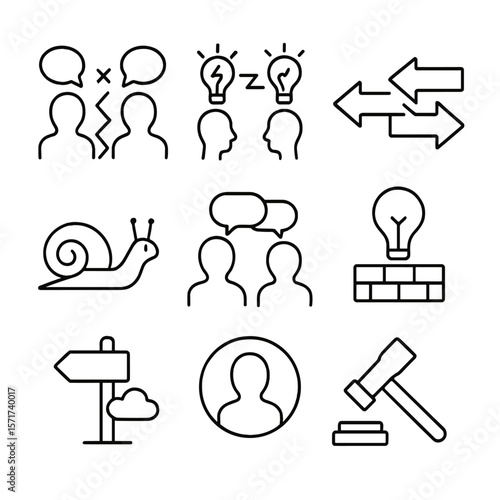 Collaboration Challenges Icons. Outline style icons of Collaboration Challenges: communication breakdown, clashing ideas,