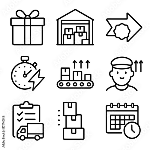 Peak Season Logistics Icons. Outline style icons of Peak Season Logistics: holiday package, full warehouse icon, express priority