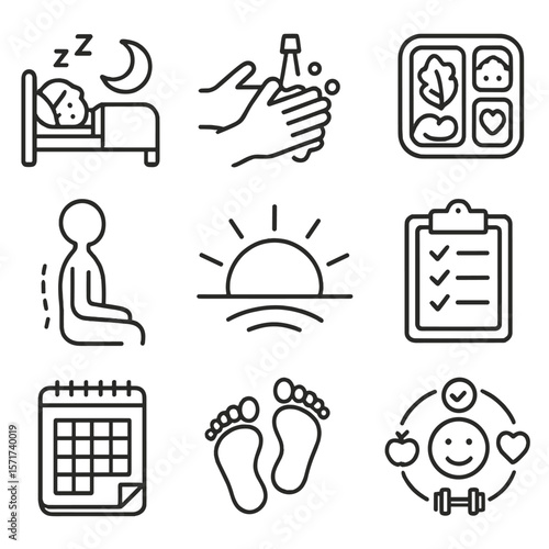 Healthy Habits Icons. Outline style icons of Healthy Habits: early bedtime icon, hand washing, meal prep box, posture reminder,