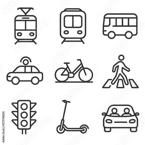 Urban Transport Icons. Outline style icons of Urban Transport: tram, metro train, city bus, rideshare car, public bike share,