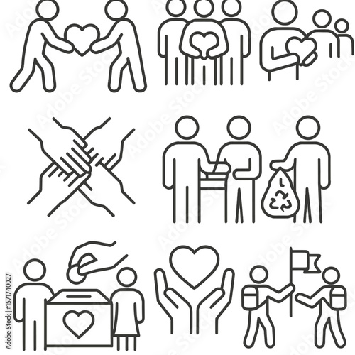 Volunteer Icons. Outline style icons of Volunteer and Social Collaboration: people helping together, group charity icon, hands