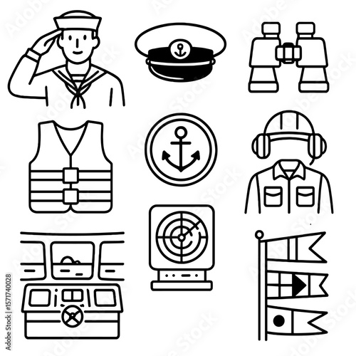 Naval Icons Collection. Outline style icons of Naval Personnel: sailor saluting, naval officer cap, ship binoculars, anchor badge