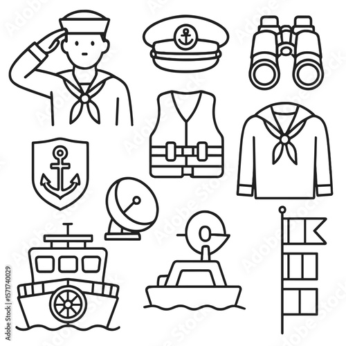 Naval Icons Collection. Outline style icons of Naval Personnel: sailor saluting, naval officer cap, ship binoculars, anchor badge