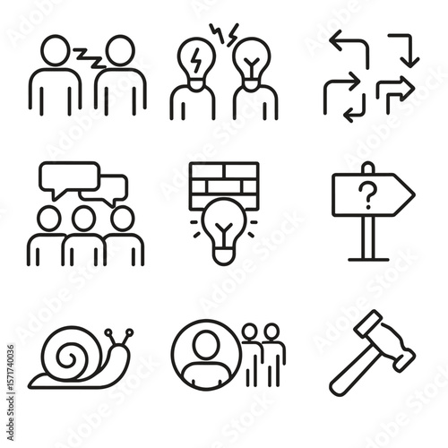 Collaboration Challenges Icons. Outline style icons of Collaboration Challenges: communication breakdown, clashing ideas,