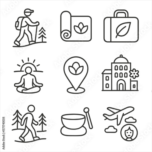 Wellness Travel Icons. Outline style icons of Wellness Travel and Retreats: nature hike, yoga retreat mat, travel bag with leaf,