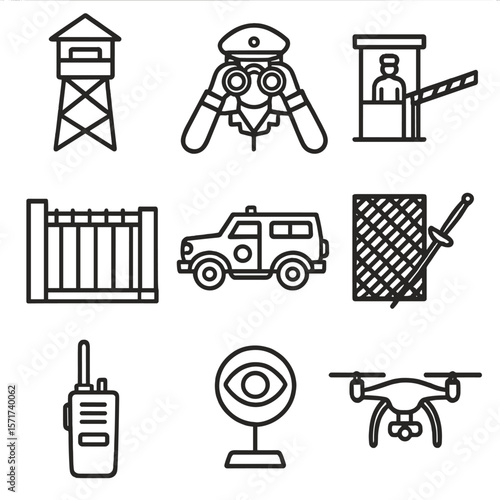 Border Patrol Icons. Outline style icons of Border Patrol and Defense: guard tower, binocular lookout, checkpoint icon, border