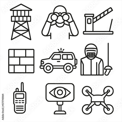 Border Patrol Icons. Outline style icons of Border Patrol and Defense: guard tower, binocular lookout, checkpoint icon, border
