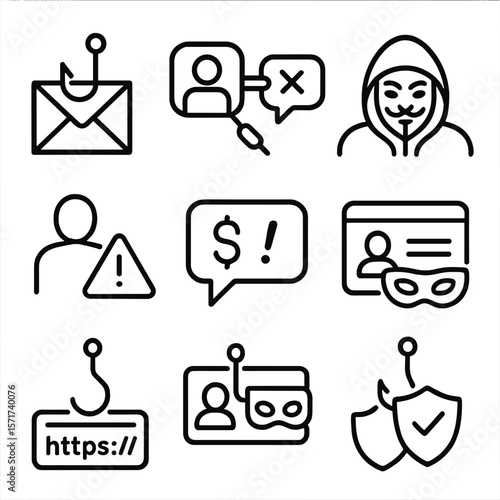 Outline Phishing Icons. Outline style icons of Phishing and Social Engineering: fishing hook with email, social media scam icon,