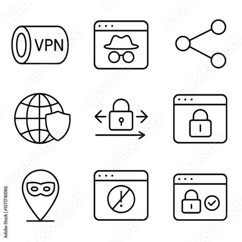 Secure Browsing Icons. Outline style icons of VPN and Secure Browsing: VPN tunnel icon, browser incognito mode, proxy route,