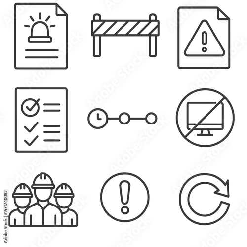 Incident Response Icons. Outline style icons of Incident Response: emergency report icon, containment barrier icon, alert triangle
