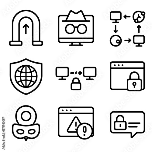Secure Browsing Icons. Outline style icons of VPN and Secure Browsing: VPN tunnel icon, browser incognito mode, proxy route,