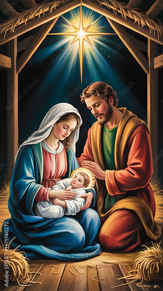 Fototapeta premium Holy family adoration star light nativity scene mary