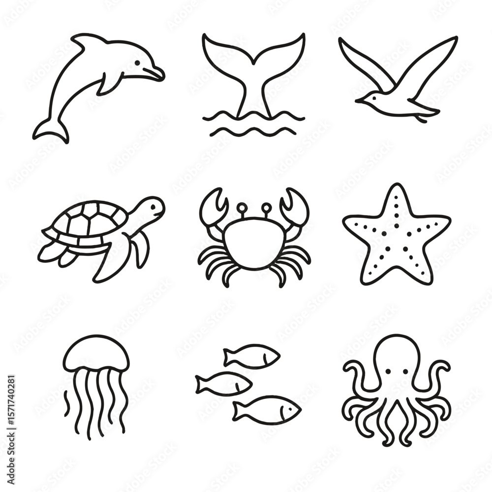 Obraz premium Outline Marine Icons. Outline style icons of Marine Wildlife: dolphin, whale tail, seagull in flight, sea turtle, crab, starfish,