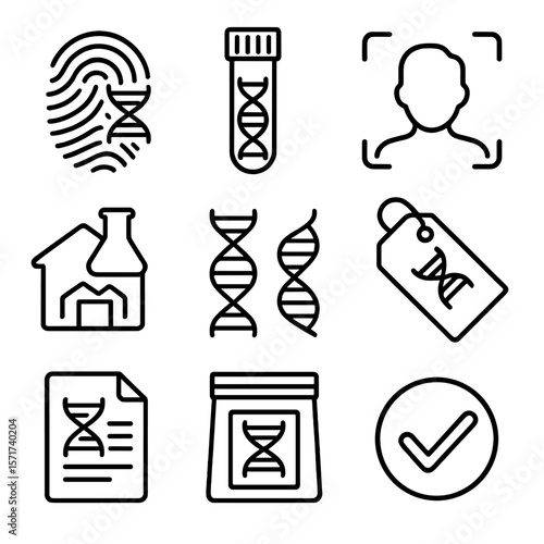 DNA Fingerprint Icons. Outline style icons of DNA Fingerprinting: fingerprint with DNA strand, forensic test tube, identity scan,