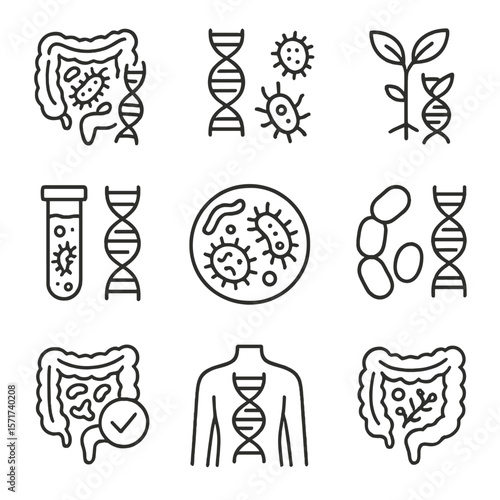 Microbiome and DNA Icons. Outline style icons of Microbiome and DNA: gut bacteria with strand, symbiotic gene icon, DNA and flora,