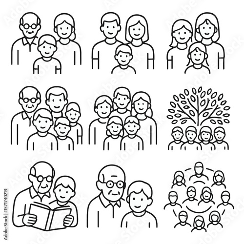 Extended Family Icons. Outline style icons of Extended Family: grandparents with kids, uncle and aunt icons, cousin group,