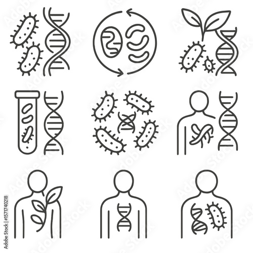Microbiome and DNA Icons. Outline style icons of Microbiome and DNA: gut bacteria with strand, symbiotic gene icon, DNA and flora,